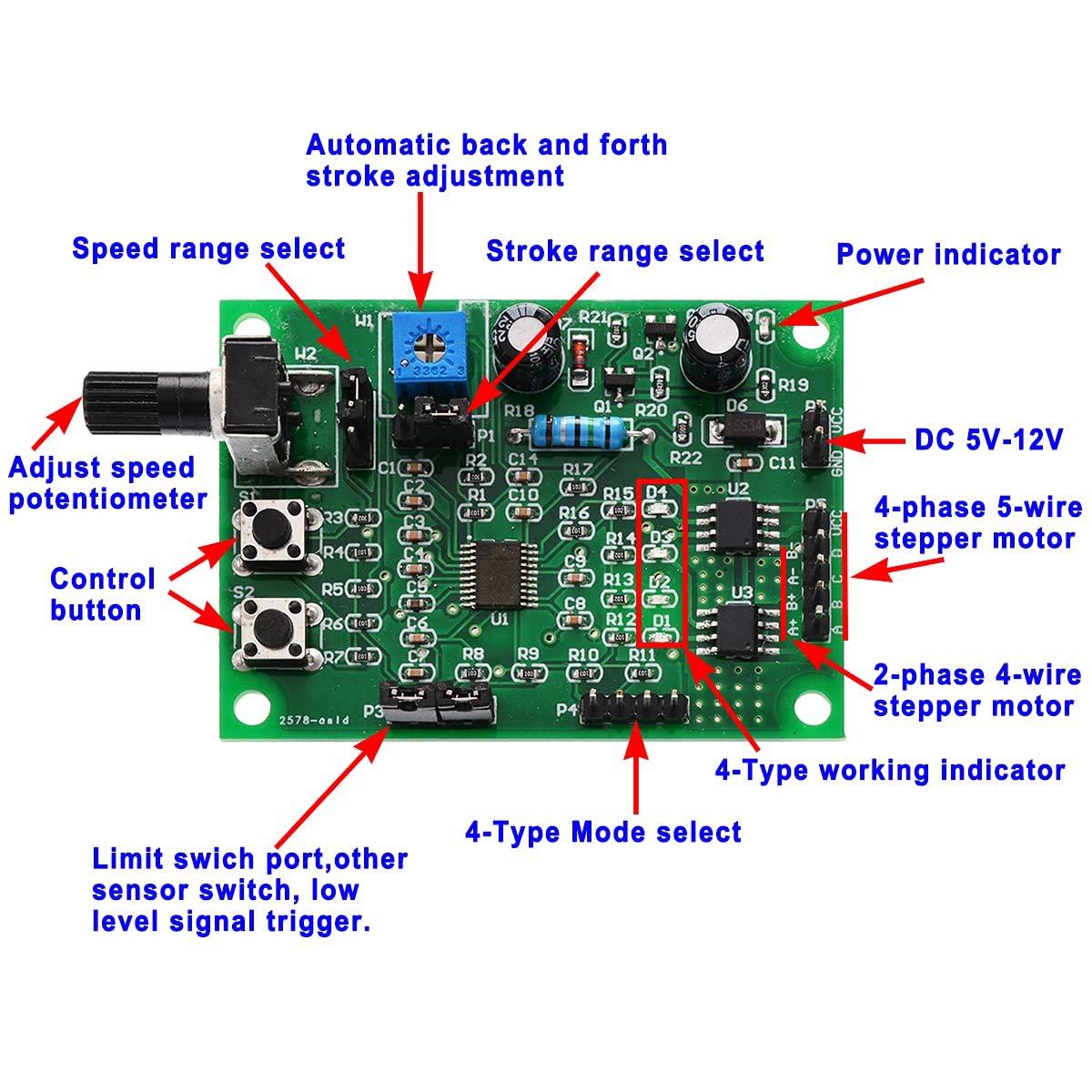 DC 4V-6V 5V 2-Phase 4-Wire Stepper Motor Driver Controller Board