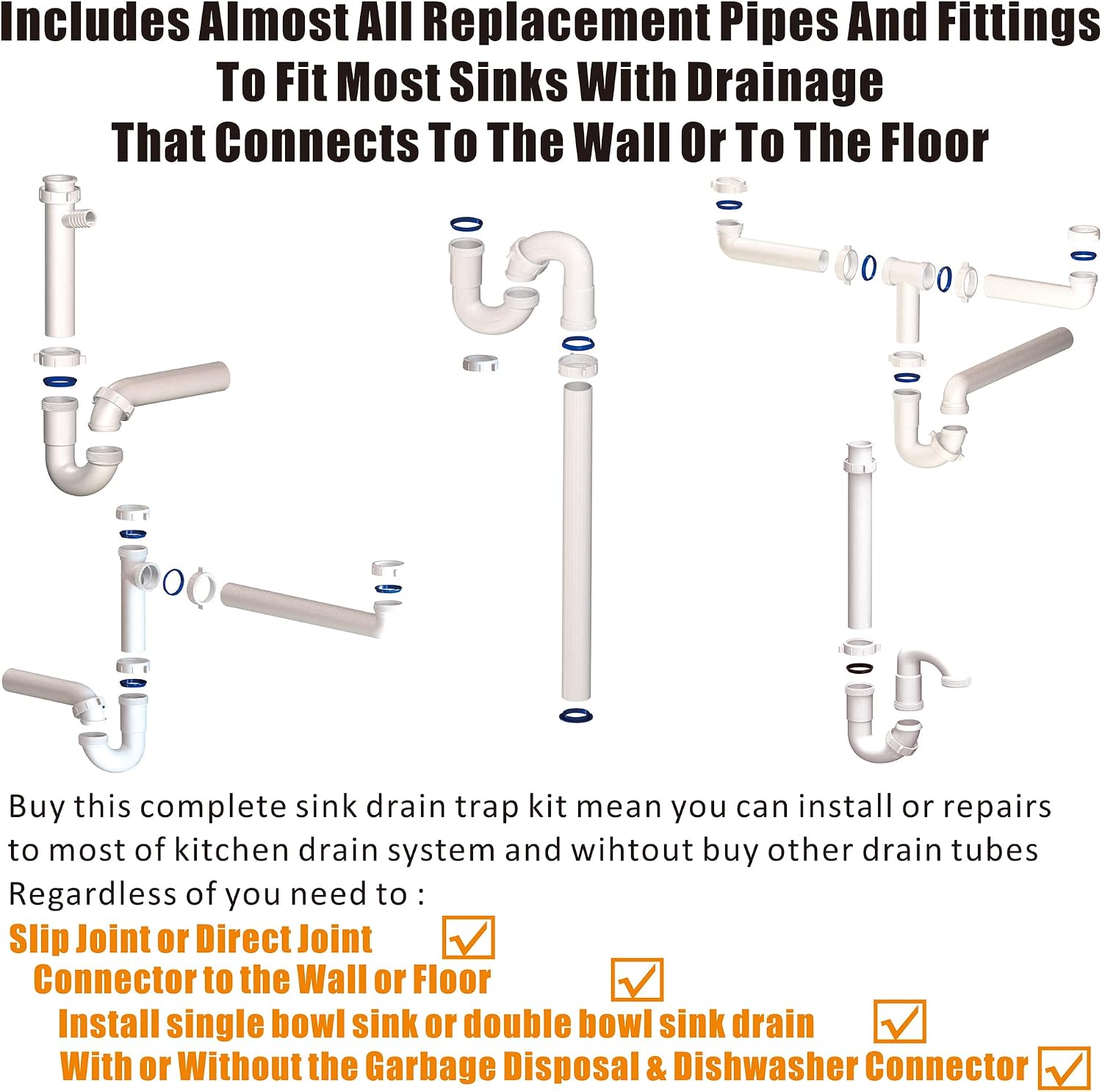 Kitchen Sink Drain Kit,1-1/2”,for Most Kitchen Sink Drain Repair Kit and Bathroom Sink Drain Kit, Kitchen Sink P Trap