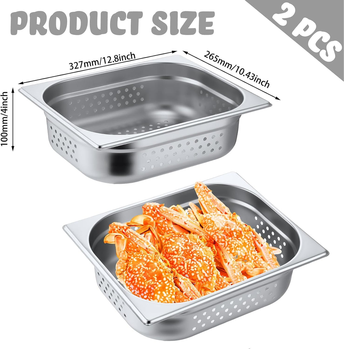 2 Pack Half Hotel Pan Perforated Steam, 12.8'' x 4'' x 10.43''