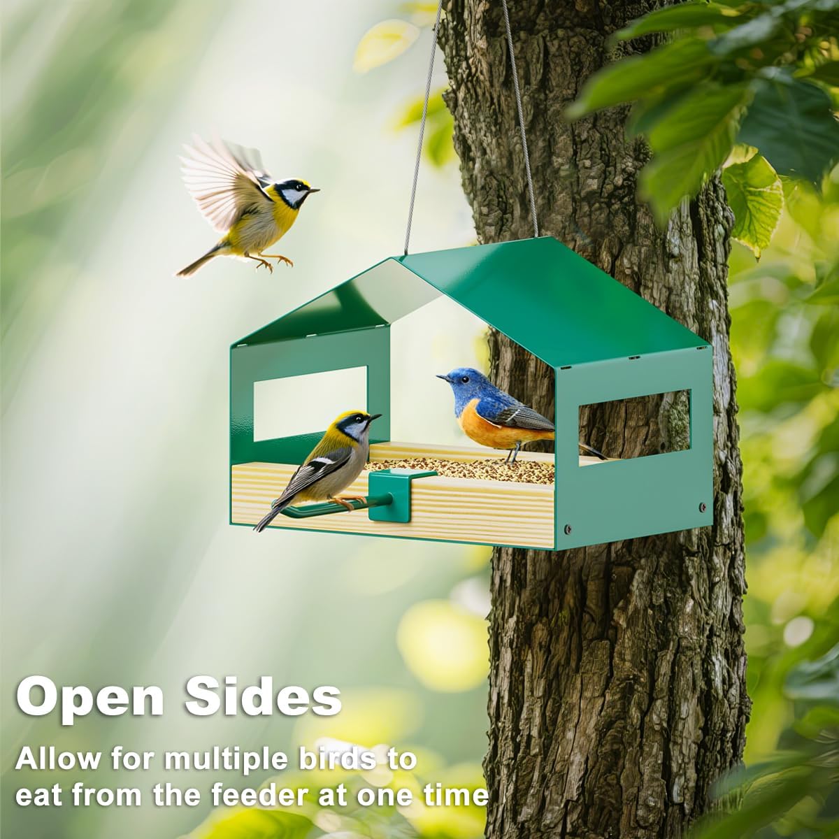 Metal Bird Feeder for Outdoor Hanging, Wild Bird Feeder House with Rust-Resistant Mesh, Hanging Platform Bird House