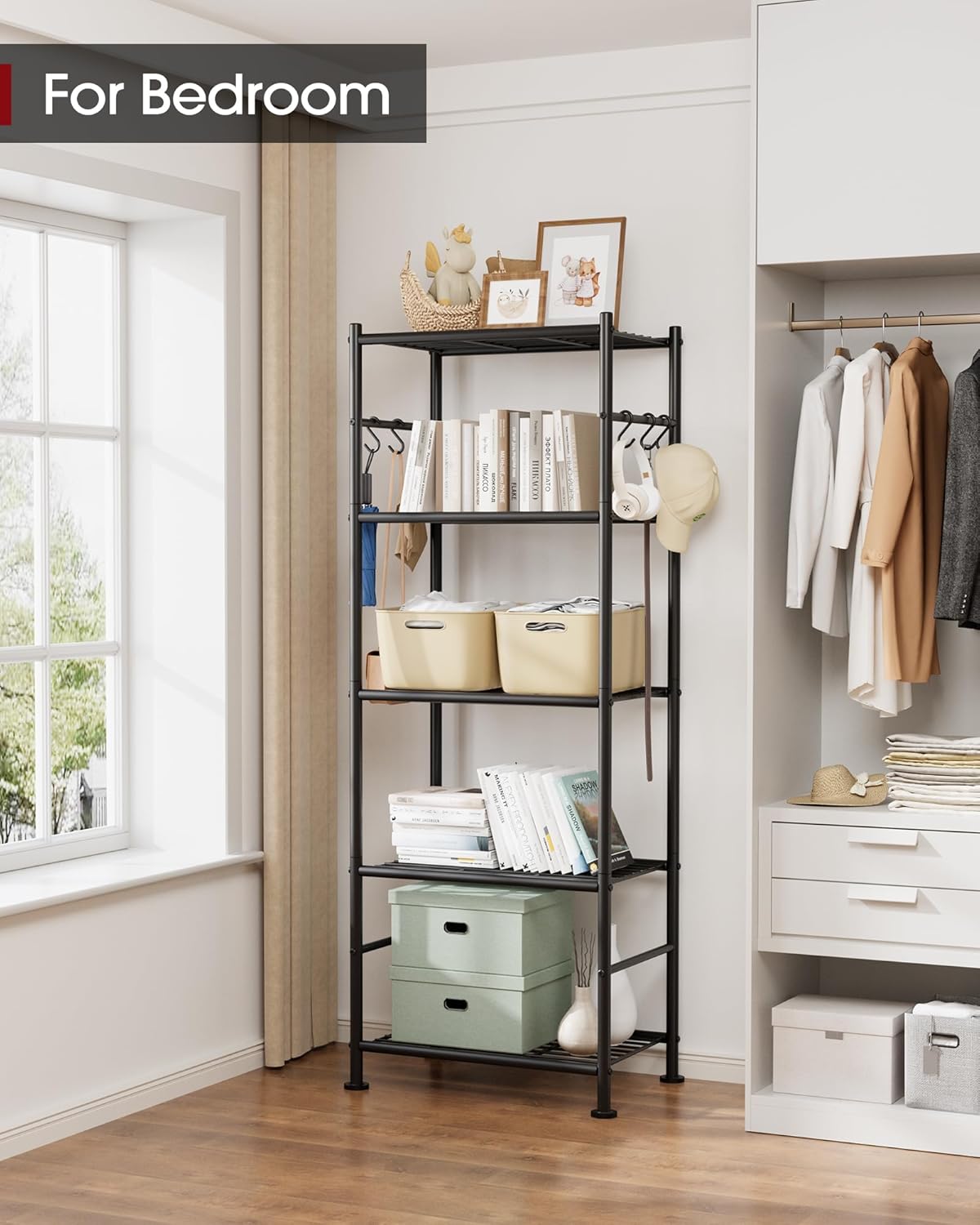 Storage Shelves - 5-Tier Large Capacity Shelf Organizer with Hooks, Heavy-Duty Garage Shelving with Leveling Feet