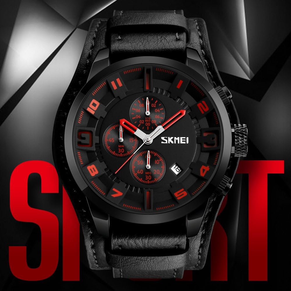 Mens Wide Leather Cuff Sport Watch for Men Large Dial 47mm Analog Quartz Watches Waterproof Chronograph Watch