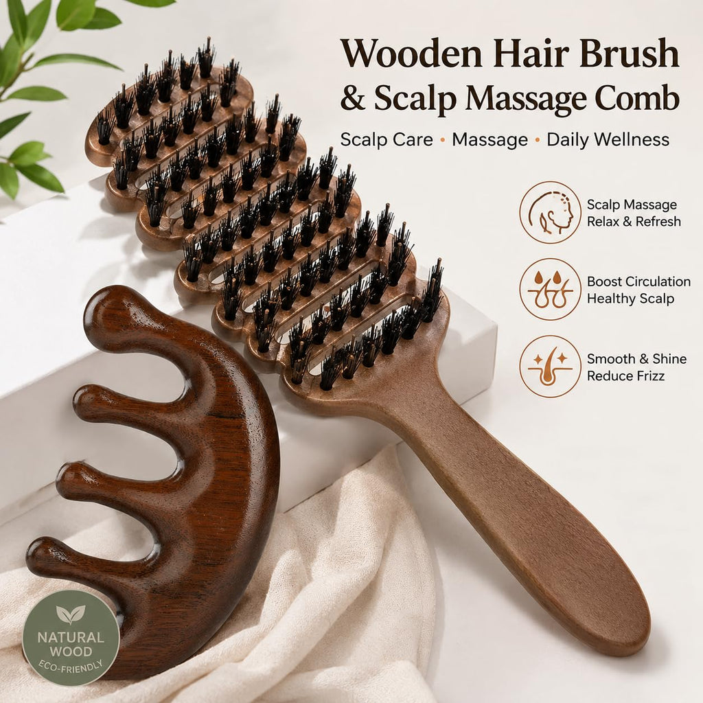 Boar Bristle Hair Brush Set with Wooden Scalp Massager, Anti Static Paddle Hair Brush for Women & Men, Detangling