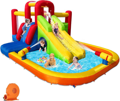 Inflatable Water Slide Bounce House for Kids, 12-In-1 Water Park with Splash Pool, Double Cannons, 2 Climbing Walls
