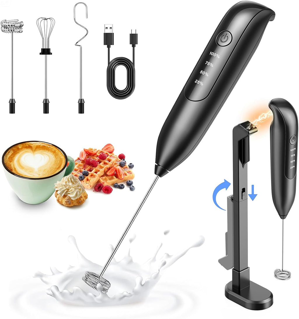 Electric Milk Frother: LED&Wireless Charging, 3 Heads 3 Speeds | Coffee Handheld Frother With 1800mAh 6-Hour Battery