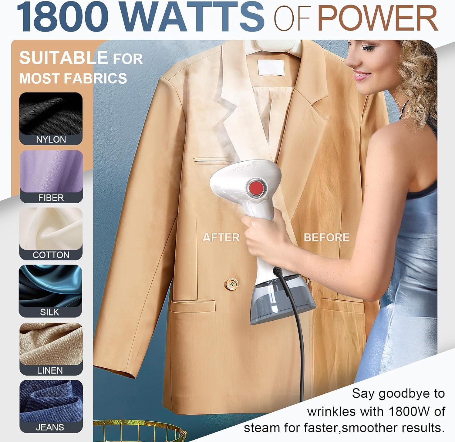 Steamer for Clothes, 1800W Fast Heat-up Clothes Steamer Handheld Garment Steamer with 3 Steam Settings, 380ml Water