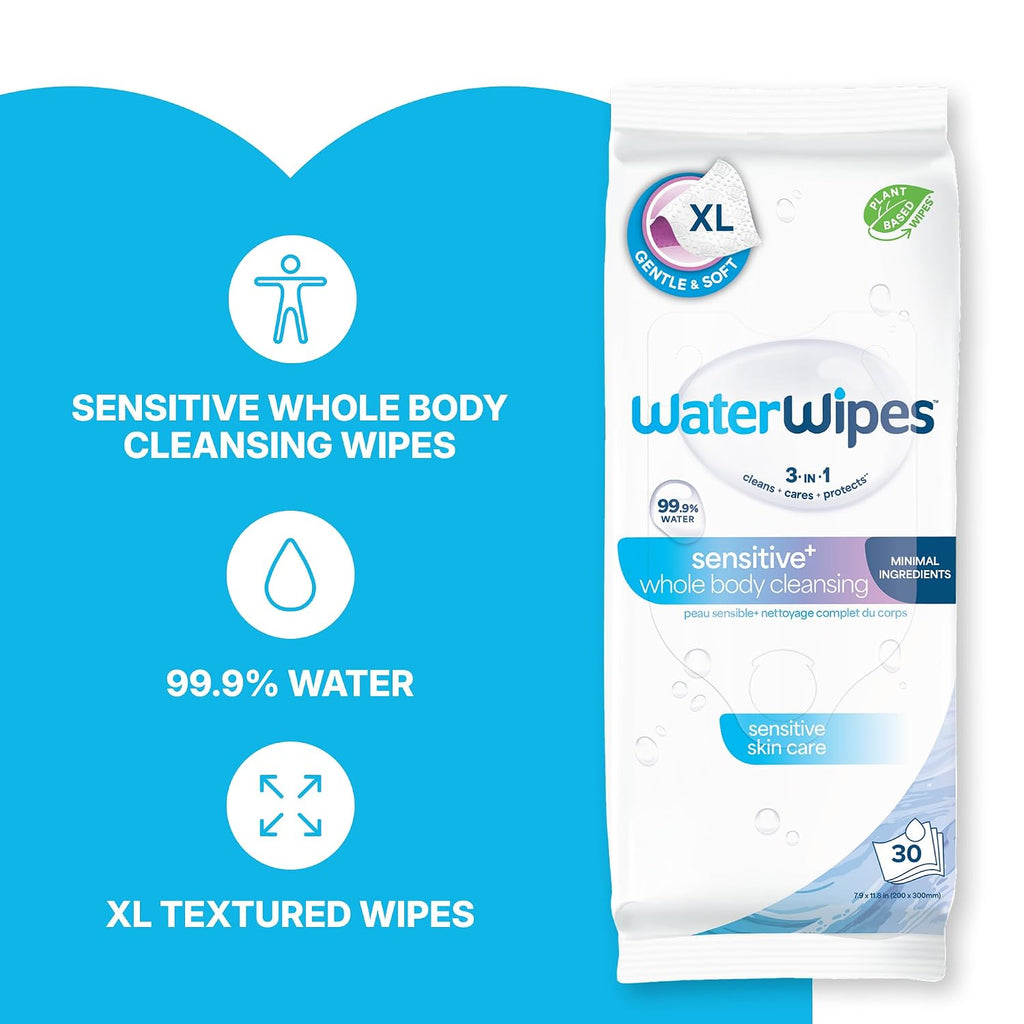 Sensitive Whole Body Cleansing Wipes, 99.9% Purified Water, XL Textured Wipes, Incontinence Care, Fragrance Free, 90