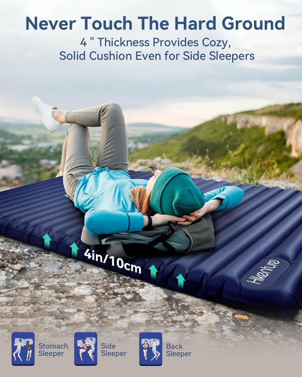 Double Sleeping Pad for Camping, Ultralight 4" Extra-Thick Camping Mattress 2 Person, Inflatable Backpacking Sleeping