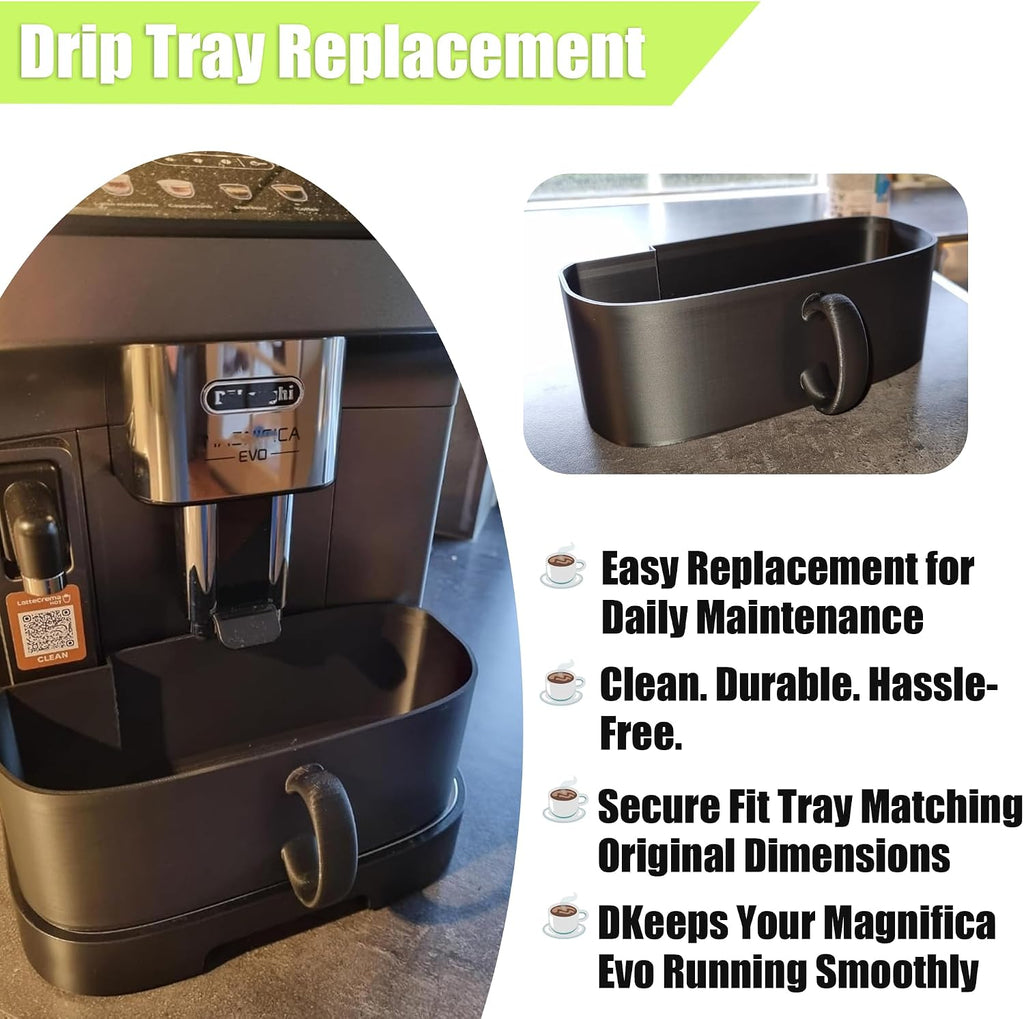 Drip Tray Replacement Compatible with DeLonghi Magnifica Evo – PETG Water Flush & Descaling Container, Cleaning Accessory (Black)