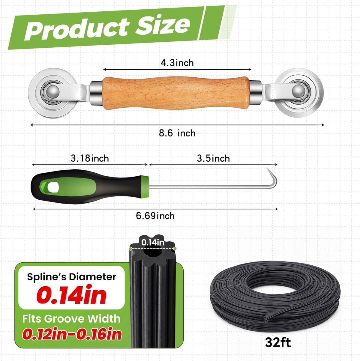 Screen Repair Kit,Roller+0.14”x32ft Spline+Hook