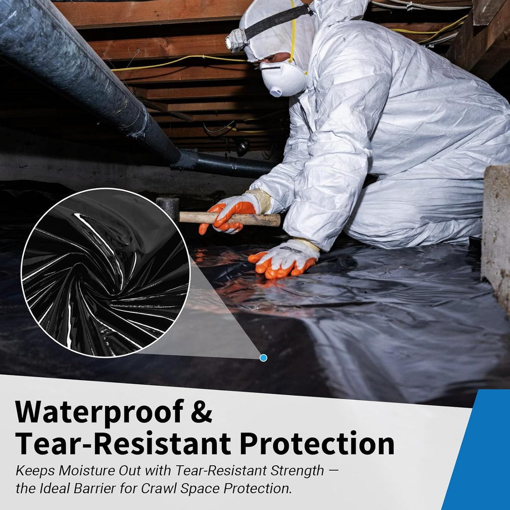 Black Plastic Sheeting, 6 Mil 10' x 50', Crawl Space Vapor Barrier, Vapor Barrier, Plastic Sheeting Heavy Duty