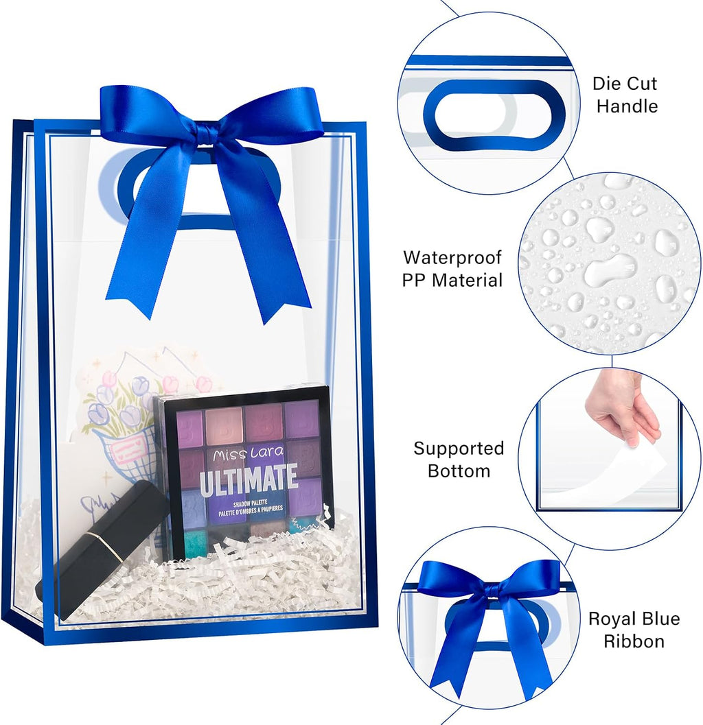 12 PCS Clear Plastic Gift Bags with Handles, Royal Blue
