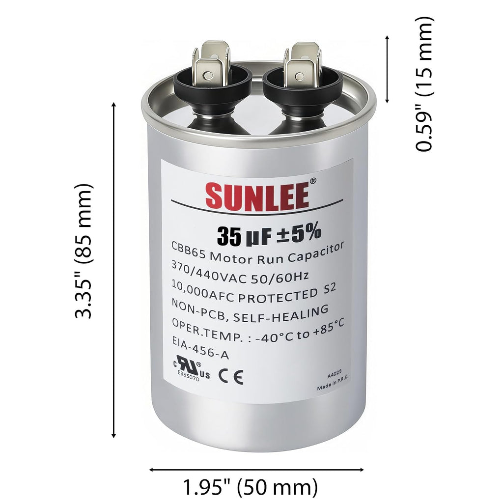SUNLEE UL Recognized Single Run 35 uF (35 MFD) 370/440 VAC CBB65 Capacitor, 50/60 Hz, Reliable Replacement for AC Condenser Fan Motor, Heat Pump or Pool Pump