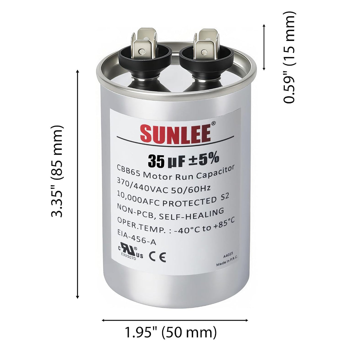 SUNLEE UL Recognized Single Run 35 uF (35 MFD) 370/440 VAC CBB65 Capacitor, 50/60 Hz, Reliable Replacement for AC Condenser Fan Motor, Heat Pump or Pool Pump
