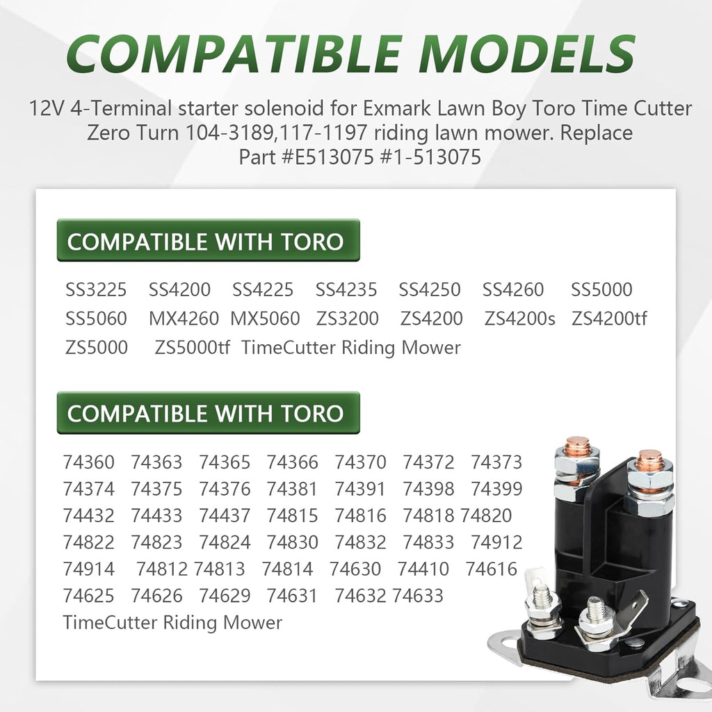 117-1197 Starter Solenoid for Toro Timecutter ss5000 z4200 ss4225 ss4235 Exmark Zero Turn Lawn Mower, Replace Part
