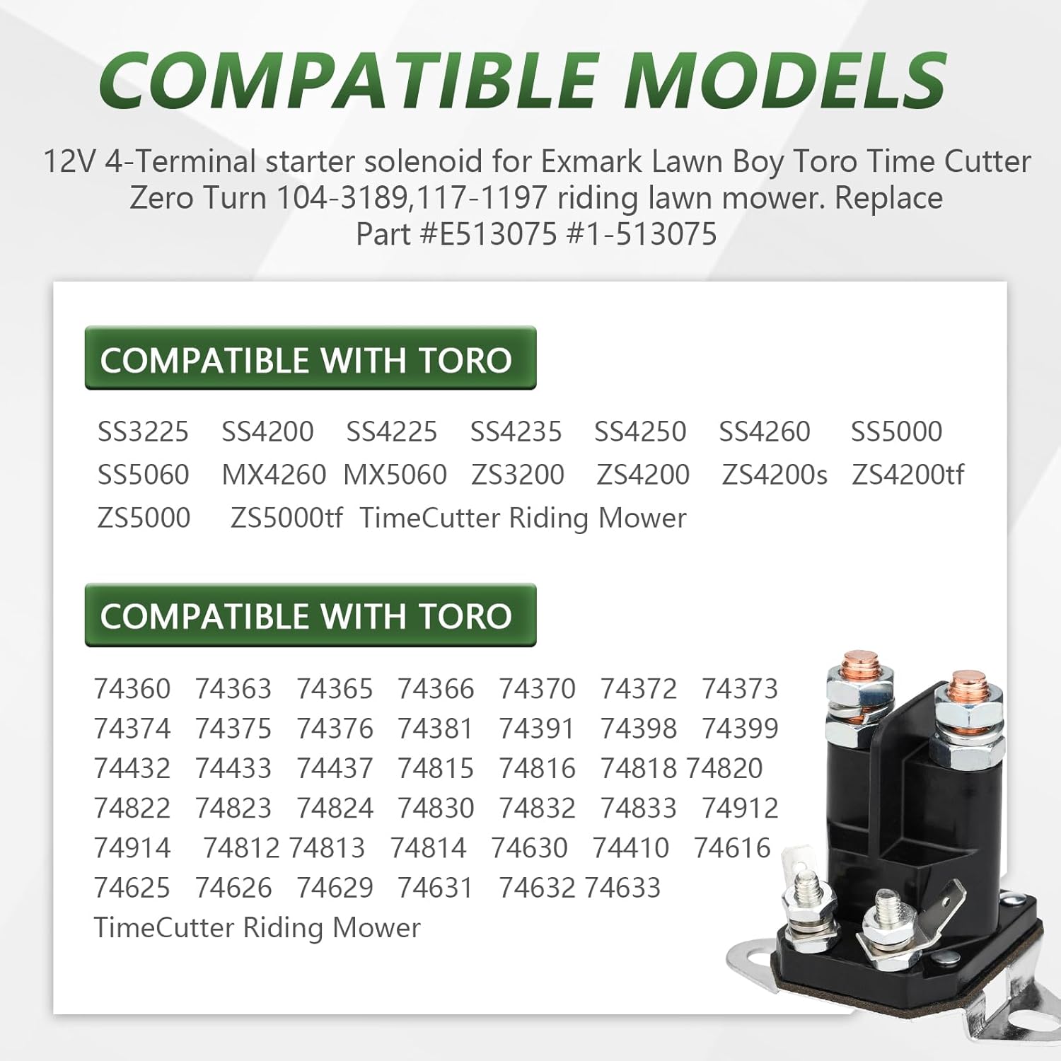 117-1197 Starter Solenoid for Toro Timecutter ss5000 z4200 ss4225 ss4235 Exmark Zero Turn Lawn Mower, Replace Part