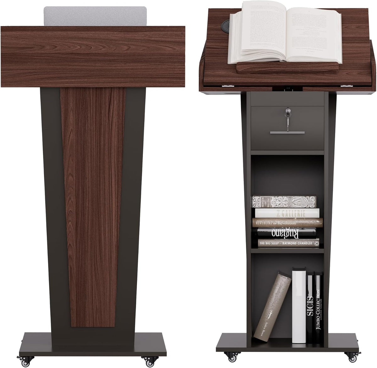 Podium Stand with Adjustable-Angle Tabletop, Wheels & Lockable Drawer