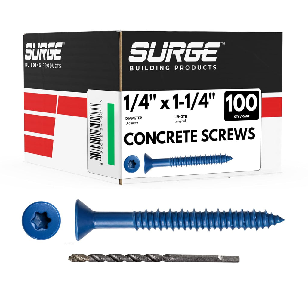 1/4" x 1-1/4" Flat Head Blue Concrete Screws with Drill Bit (Box of 100) | 1-1/4 Inch Star Torx Drive Masonry Screws