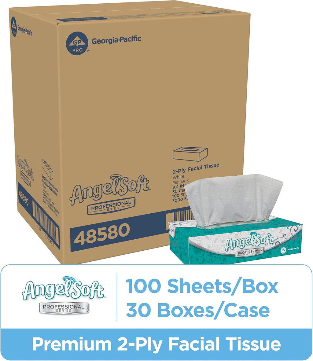 Angel Soft Professional Series 2-Ply Facial Tissue (48580), 100 Sheets Per Box, 30 Tissue Flat Boxes Per Bulk Case