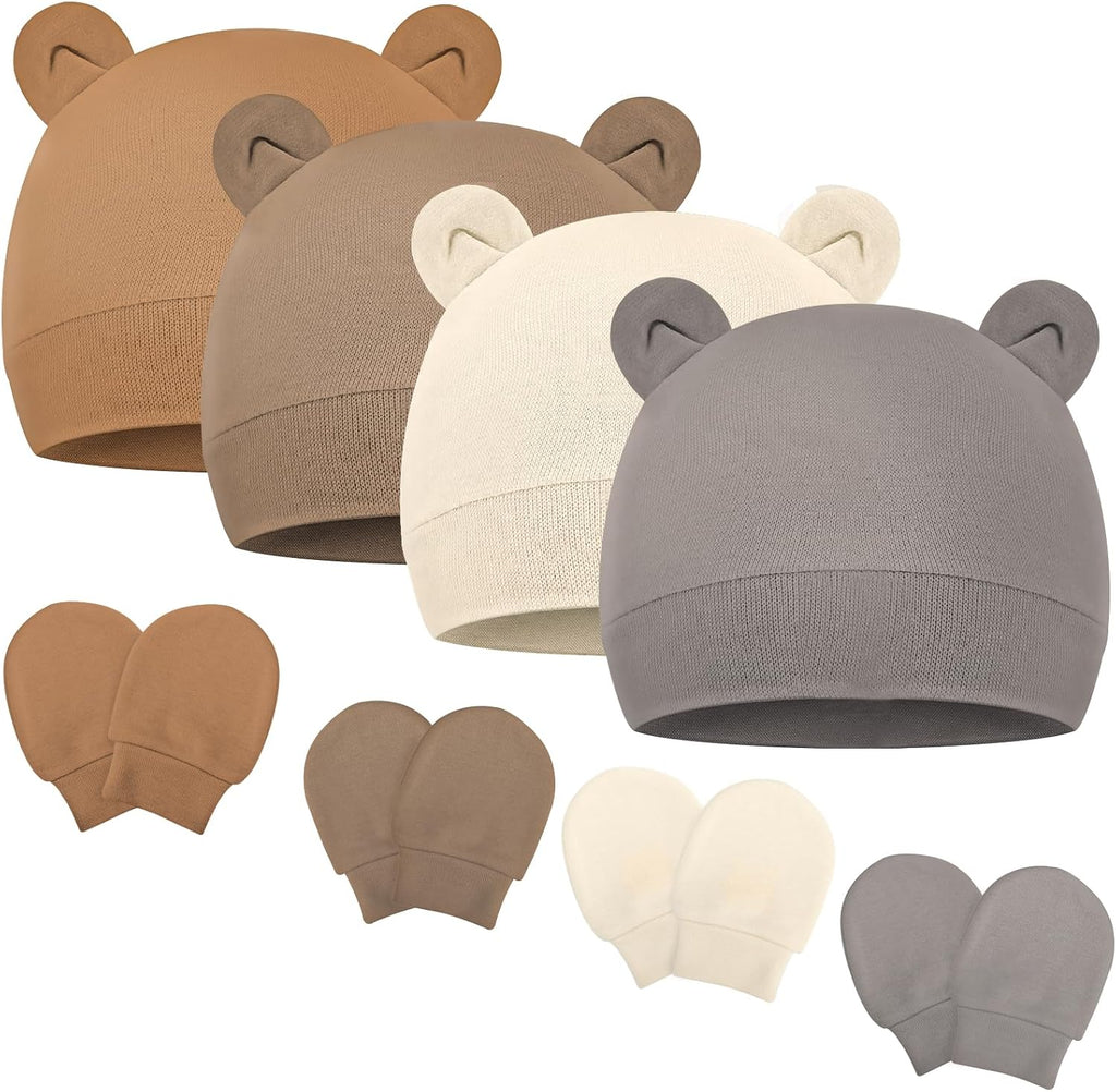 Newborn Baby Hats and Mittens Set Bear Ear Baby Beanie No Scratch Cotton Infant Caps Gloves Newborn Hats for Boys Girls