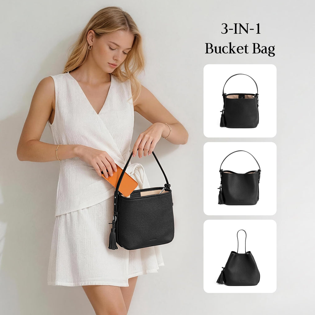 Genuine Leather Small Bucket Bag with Crossbody Strap Black Purses