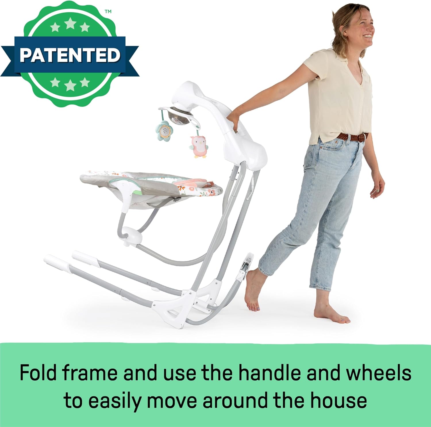 InLighten 5-Speed Baby Swing - Swivel Infant Seat, 5 Point Safety Harness, Nature Sounds, Lights - Nally Owl