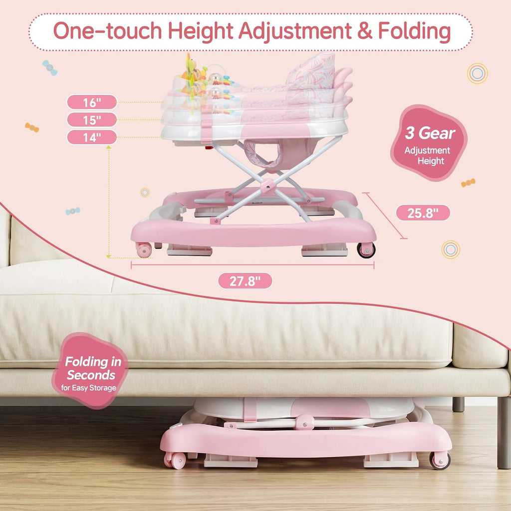 5 in 1 Baby Walker, Music and Lights Foldable Baby Walker with Wheels, 3 Adjustable Heights, with Bouncer Combo