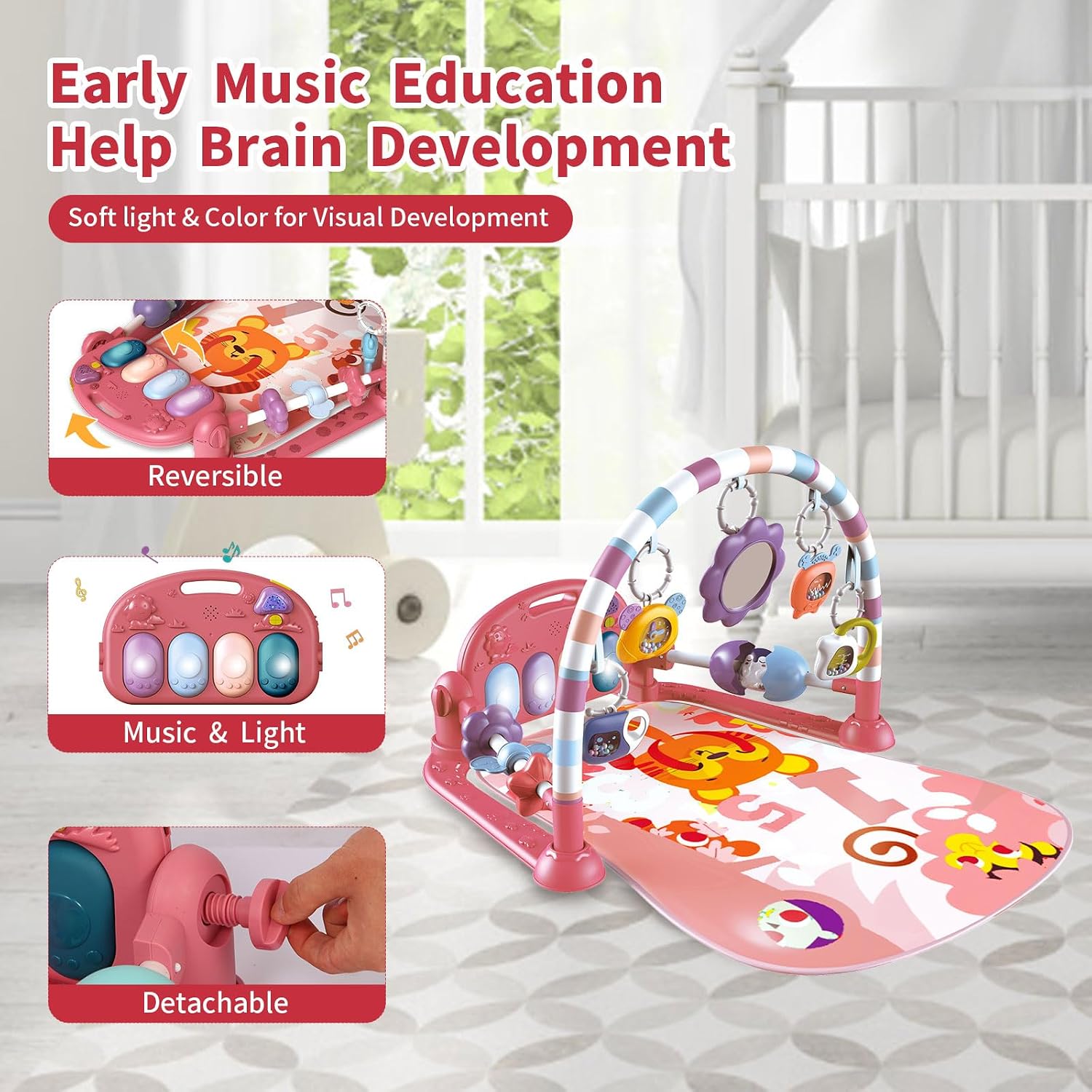 Baby Gym Play Mat, Piano Kick and Play Lights and Music Tummy Time Toys Infant Musical Activity Gym Mat for Visual