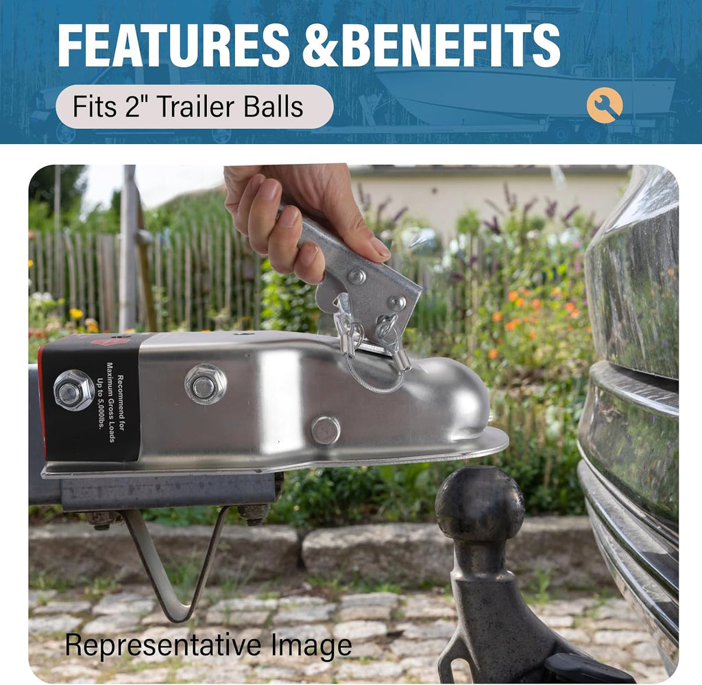 Straight Tongue (Zinc) Trailer Coupler with Hardware, Easy Remove Sticker and Instruction fit for 3" Channel, 2"