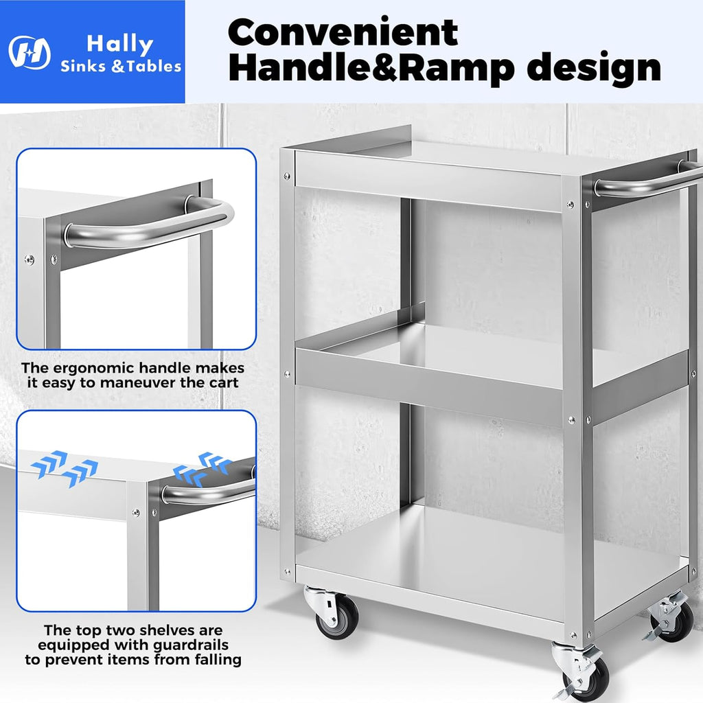 Hally Stainless Steel Utility Cart 3 Tier NSF Rolling Carts 24" Lx16 Wx34 H