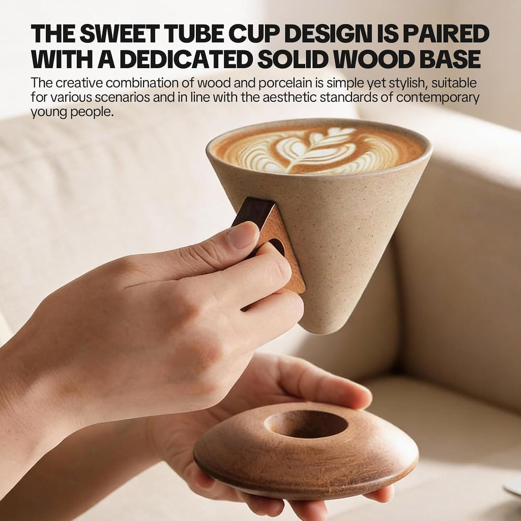 Elegant Conical Coffee Cup, Retro Ceramic Mug with Solid Wood Handle & Coaster, Creative Aesthetic Set for Home