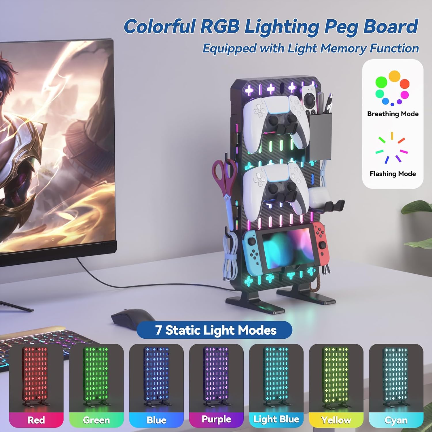 6 in 1 RGB Gaming Desk Accessories - No Drill Desk Organizer with Phone Stand/Storage Box/Headset & Controller
