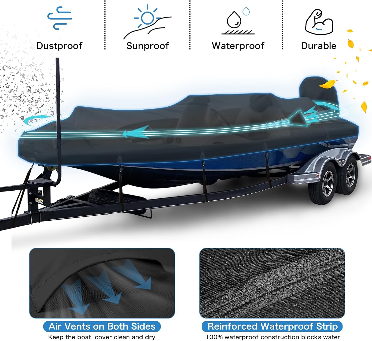 14-16FT Bass Boat Cover with Motor Cover, 1200D PU Waterproof Trailerable | Marine Grade Oxford Fabric, UV & Tear