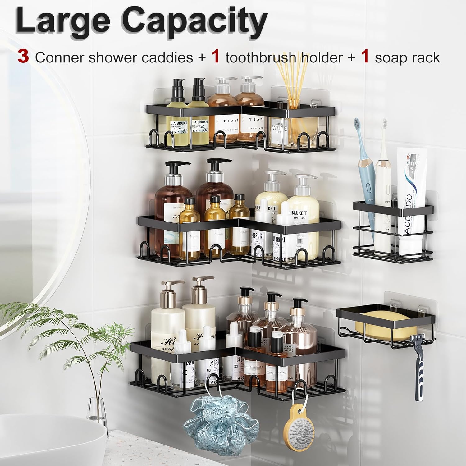 Corner Shower Caddy 5 Pack Adhesive Stainless Steel Organizer Black | Shower Shelves with Soap Rack Toothbrush