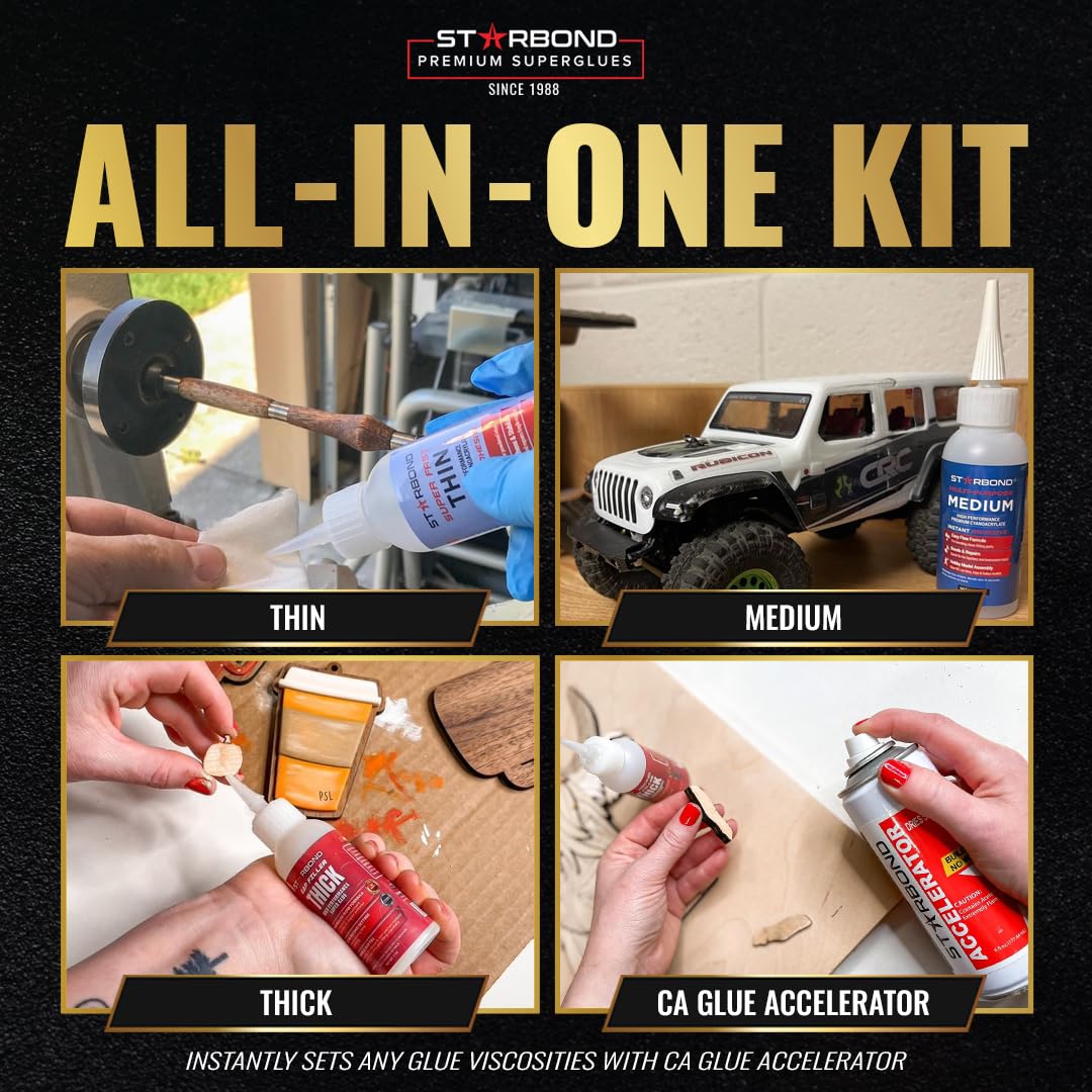 CA Glue with Activator Kit – Thin, Medium & Thick 2 oz Bottles with 6 oz Accelerator – Premium Cyanoacrylate Super