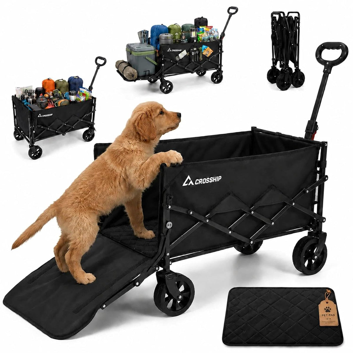 Folding Pet Wagon for Dogs - with Drop-Down Tailgate & Pet Pad