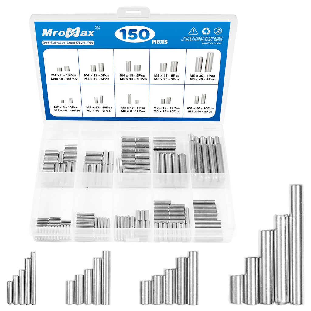 150Pcs Stainless Steel Dowel Pin Assortment Kit, 20 Sizes(M2, M3, M4, M5)