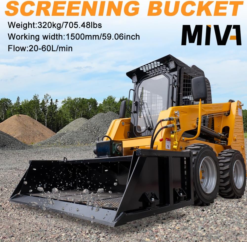 59.05"/1500mm Topsoil Screening Bucket Attachment for Skid Steer, Vibration Funnel Sifting Bucket for Bobcat Loaders