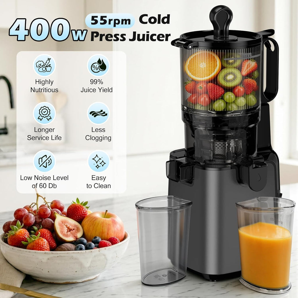 Juicer Machines with 5.8" Large Chute, 2-in-1 Cold Press Juicer for Whole Vegetables Fruits 400W, Masticating juicer