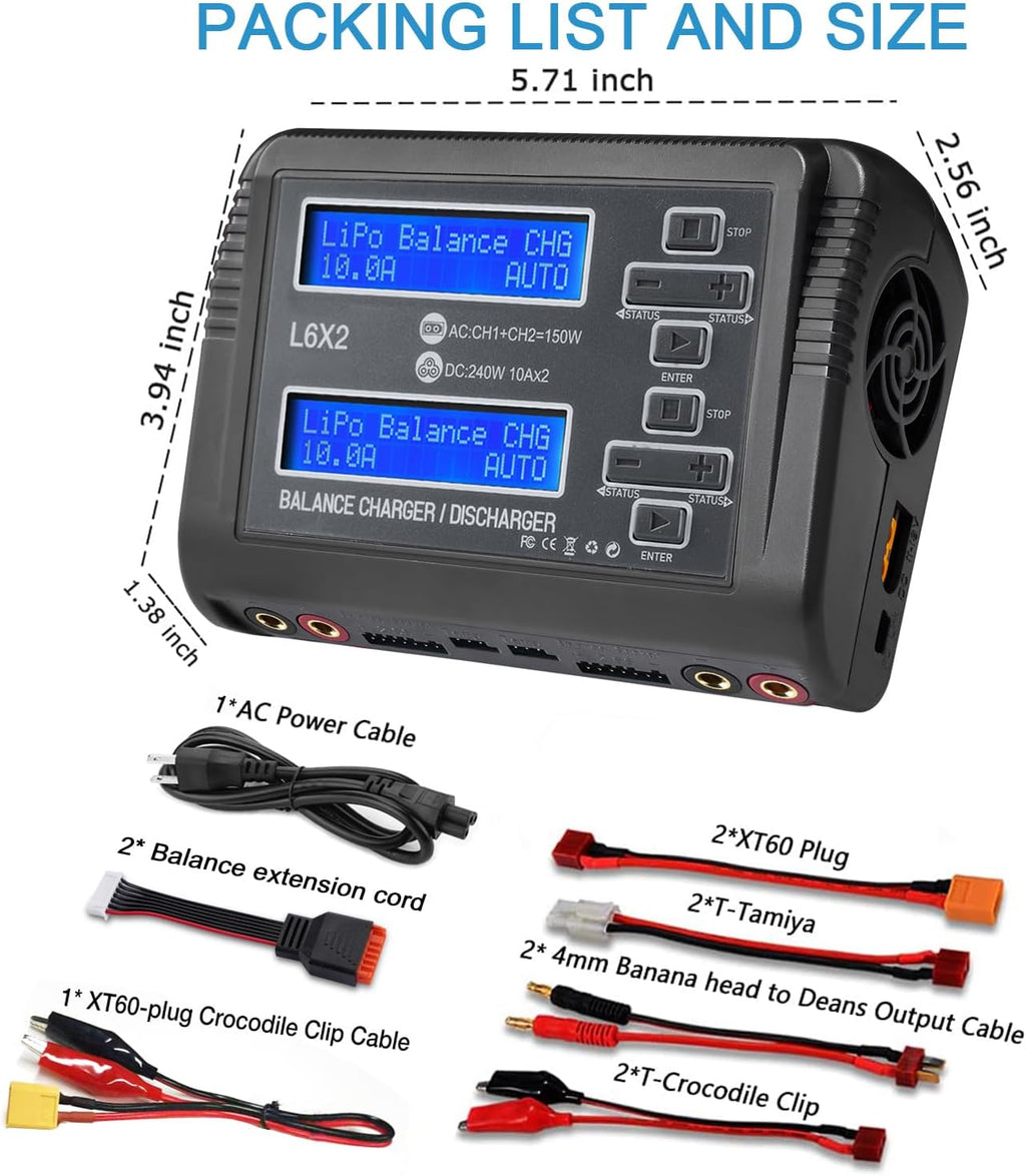 LiPo Battery Charger Dual 10A RC Fast Balance Battery Charger Discharger | RC Car Drone Chargers for 1S-6S LiPo