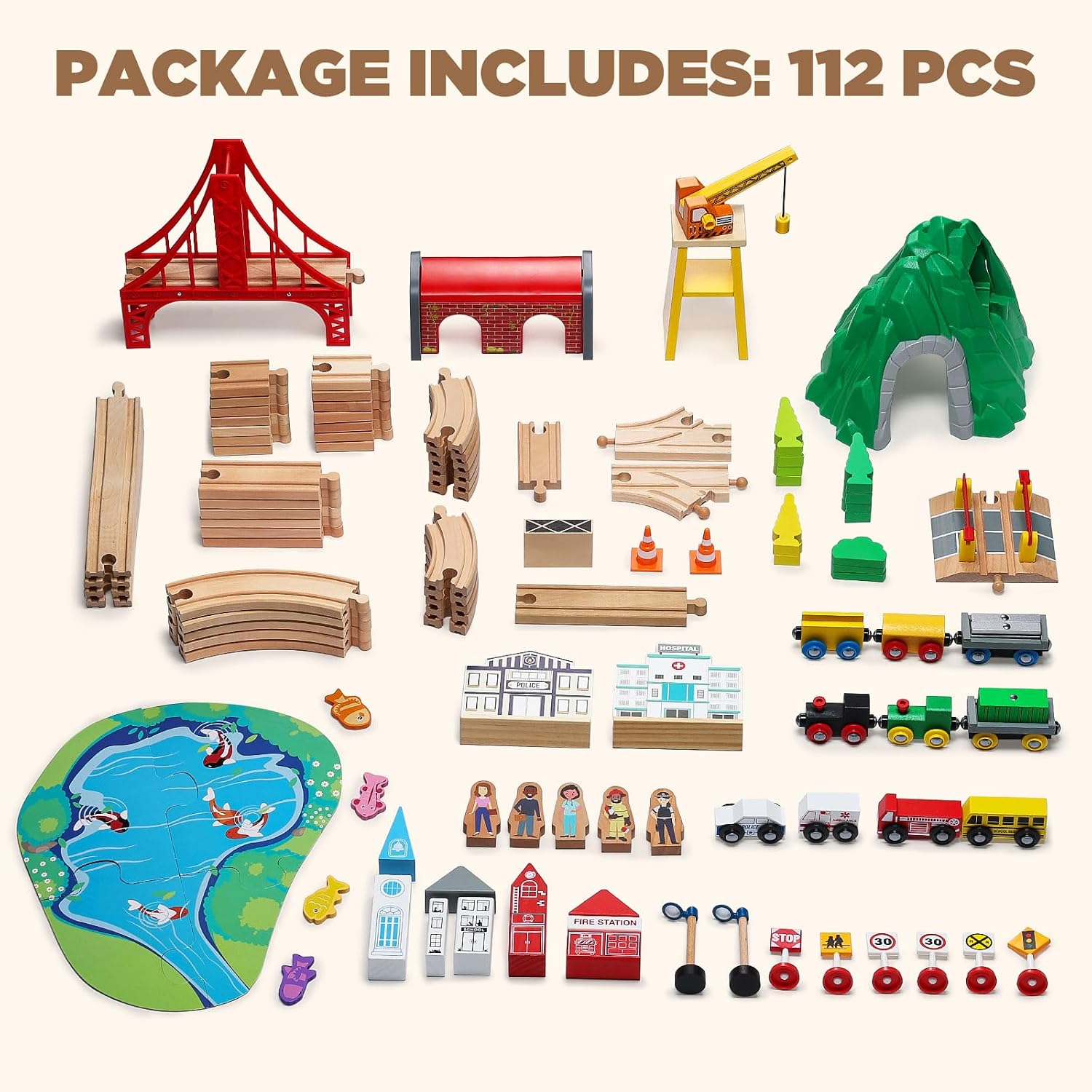 112-Piece Wooden Train Set for Toddler – Double-Sided Train Tracks, Compatible with Brio, Thomas, Melissa & Doug –