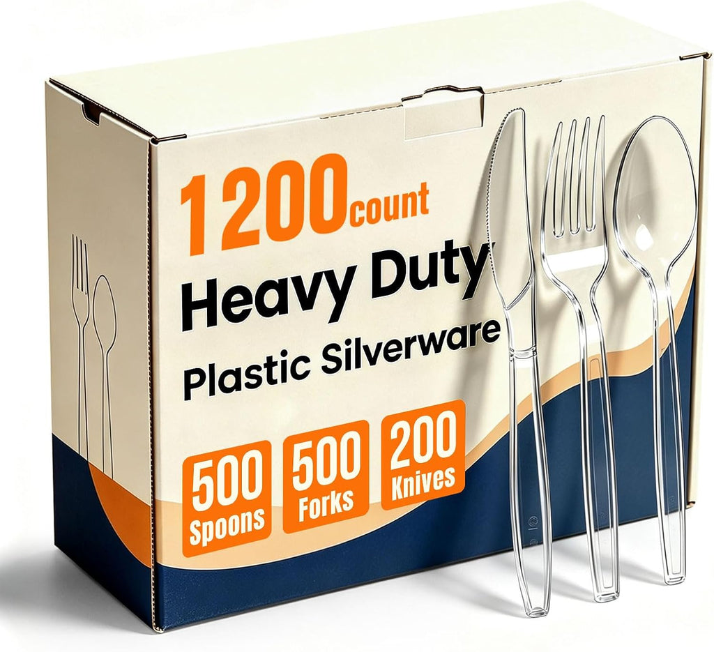 1200 Count Plastic Silverware Heavy Duty, 500 Forks, 500 Spoons, 200 Knives
