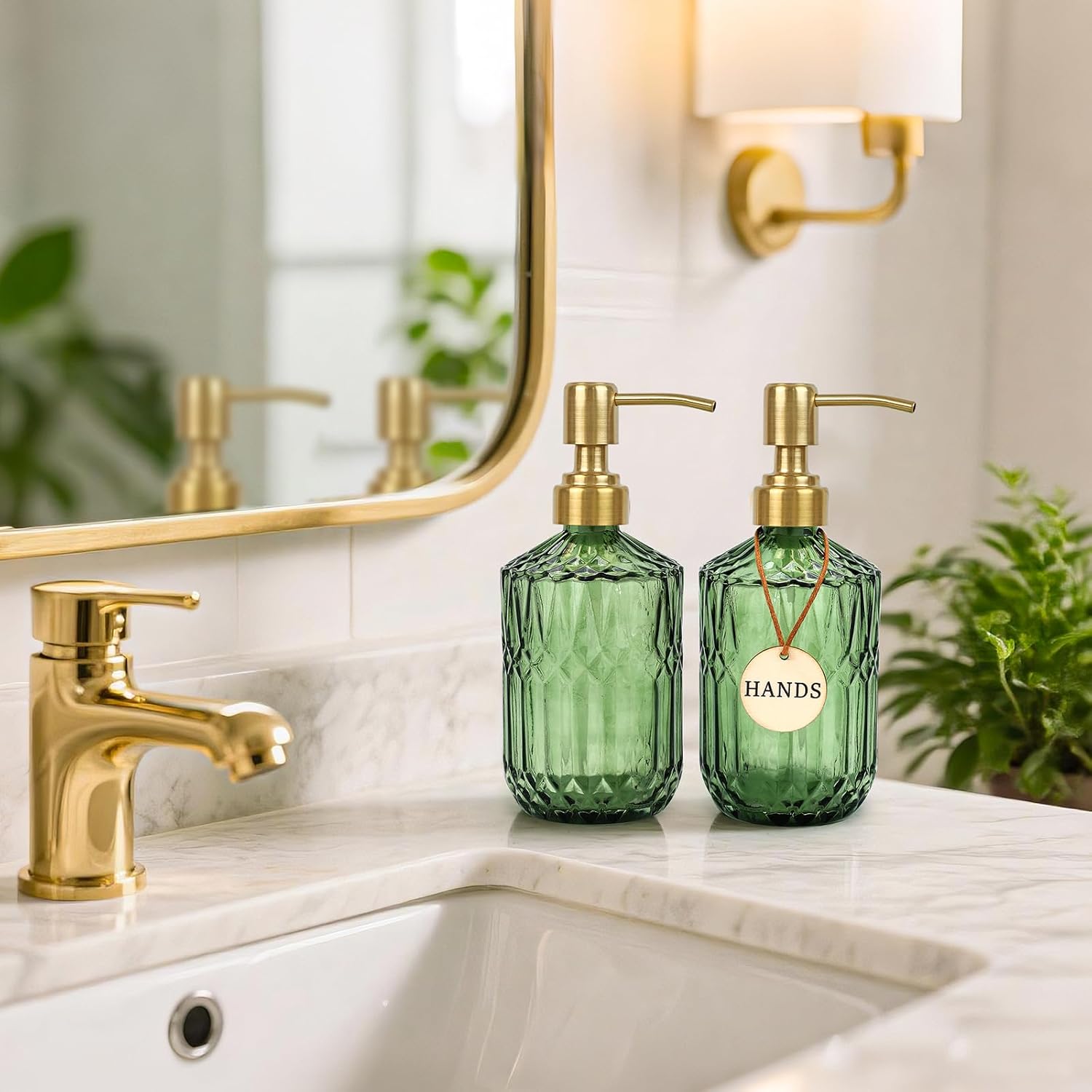 Green Glass Soap Dispenser (15.4 Oz, 2 Pack), Kitchen Hand and Dish Soap Dispenser Set with Golden Rust Proof Pump