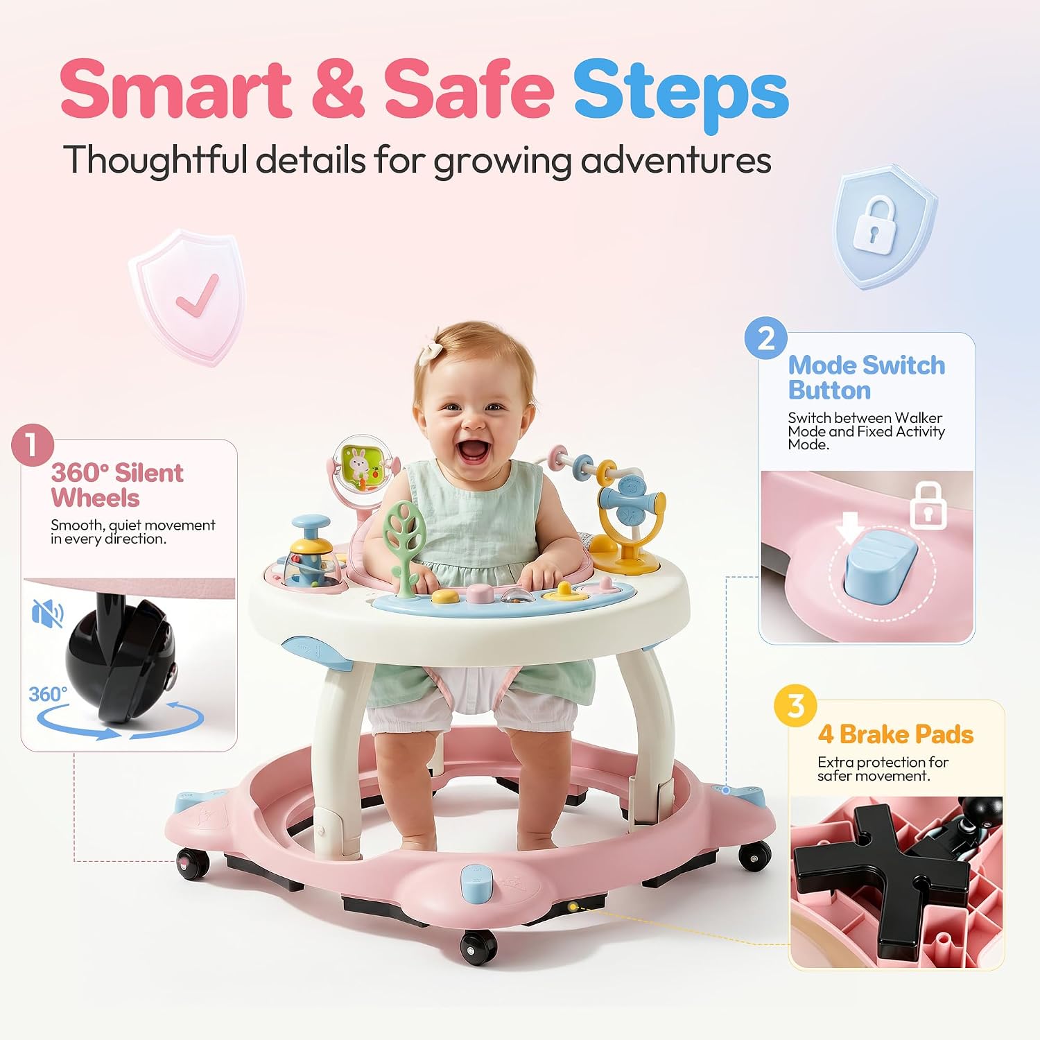 Baby Walker with Wheels,3-in-1 Foldable Infant Walker for Baby 6-12 Months,360° Rotating Seat with Activity