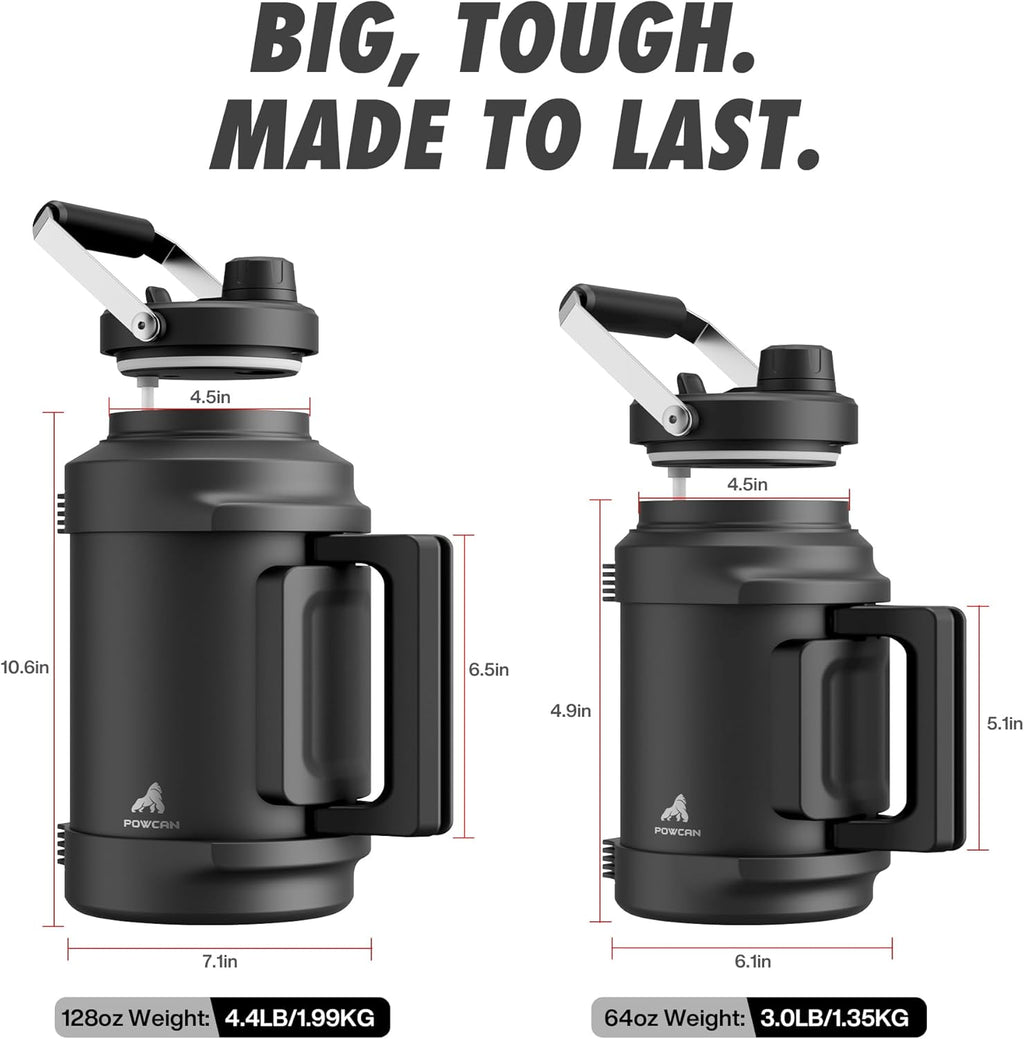 1 Gallon Insulated Water Bottle for Travel: 2-in-1 Straw Spout Lid, Dual Handle, Leakproof, Keep Cold 48H, 128oz