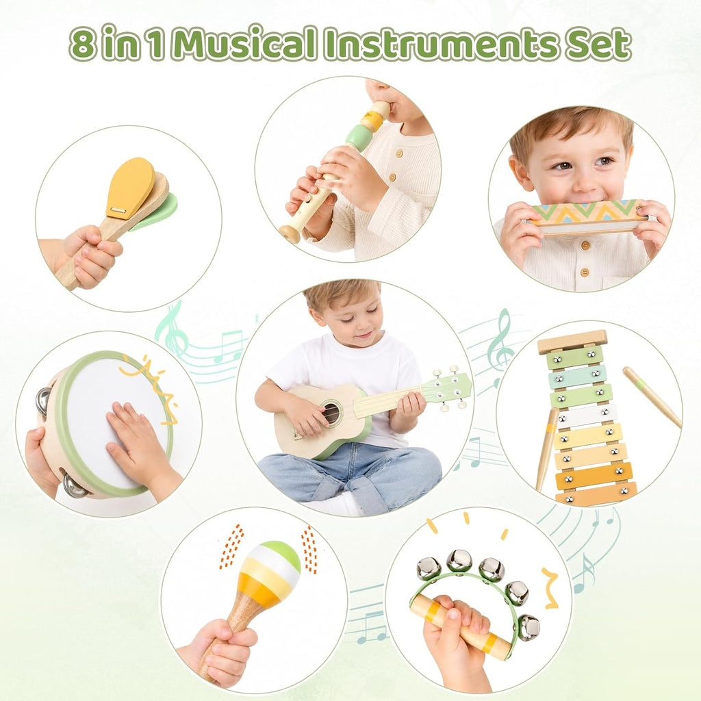 Kids Guitar Set - 8 in 1 Toddler Montessori Musical Instruments | Wooden Baby Ukulele Xylophone Tambourine Maracas
