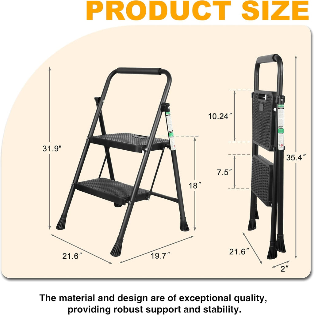 Step Ladder, Portable Steel Folding Step Stool with Wide Anti-Slip Pedal & Convenient Handgrip, Sturdy Steel Ladder