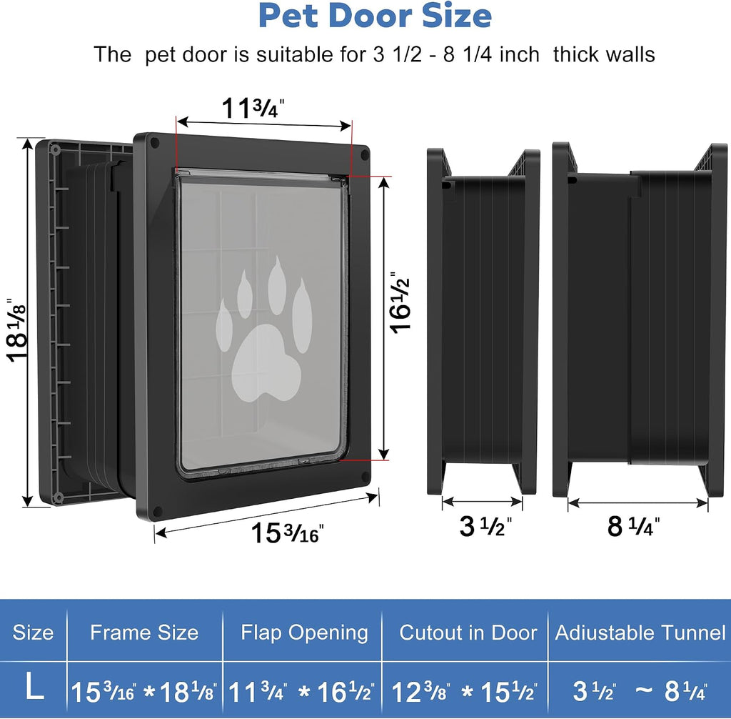 Large Dog Door for Wall, Weatherproof Pet Door for Cats and Dogs Up to 100 lb, Durable, Telescoping Tunnel, Snap-in