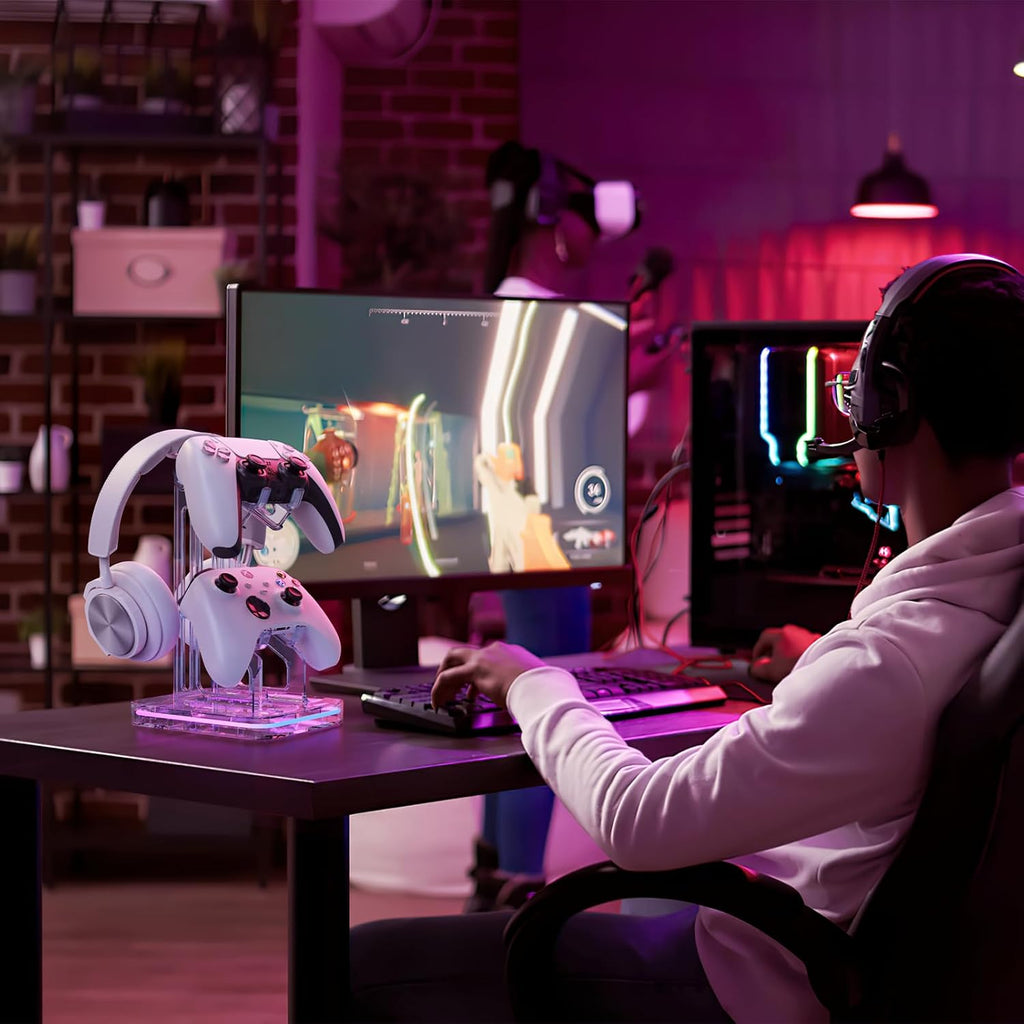 Gaming Headphones Stand, RGB Headset Stand with 2 USB Charging Ports, Dual Controller Holder with Light Modes
