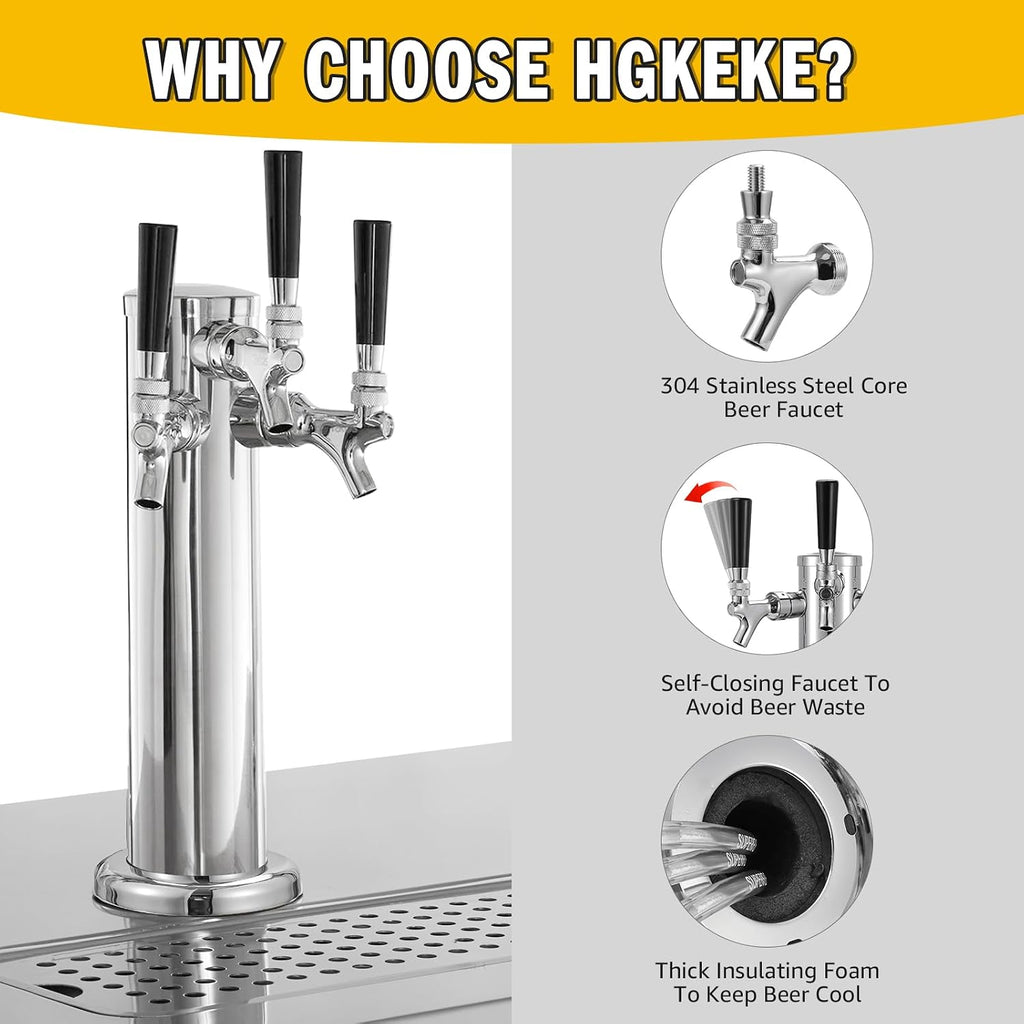 3 Tap Beer Tower, Self-Closing Draft Beer Tap Tower Dispenser Kit